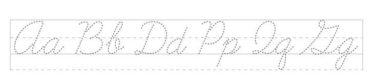 Sample of commonly confused letters (Aa Bb Dd Pp Qq Gg) in Dashed Cursive style for tracing practice in 2nd and 3rd Grade.