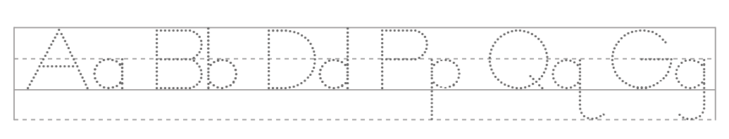 Sample of commonly confused letters (Aa Bb Dd Pp Qq Gg) in Dotted style showing dotted letter outlines for tracing practice.